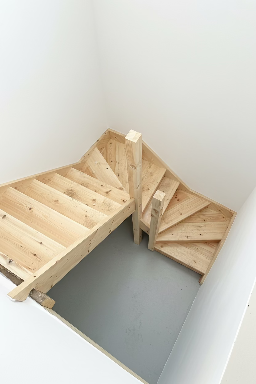A wooden staircase under construction, showing light natural wood steps, a central support post, and a black protective sheet covering the landing area, photographed from an overhead angle.